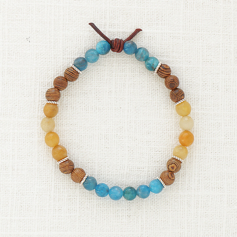 Inspire Up Bracelet, Collaboration with Inspire Up Foundation, 6mm Gemstones, Apatite, Yellow Jade, Sennawood, Gold, Leather Knot