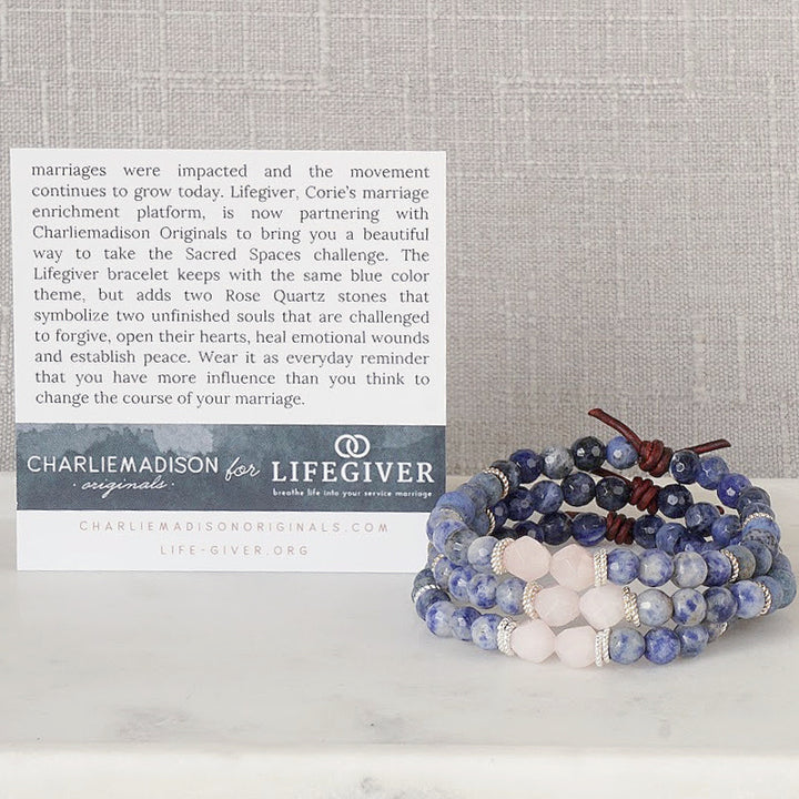 Lifegiver Bracelet with Meaning Card - The Lifegiver bracelet keeps with the same blue color theme, but adds two Rose Quartz stones that symbolize two unfinished souls that are challenged to forgive, open their hearts, heal emotional wounds and establish peace. Wear it as an everyday reminder that you have more influence than you think to change the course of your marriage.