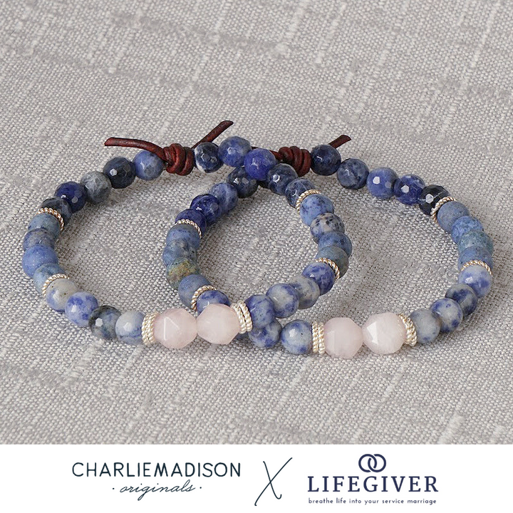 Lifegiver Mini Bracelet Stack, 6mm Gemstones, Blue Spot Jasper, Sodalite, Dumortierite, Rose Quartz, Silver Accents, Leather Knot