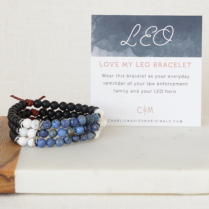 Love My LEO Mini Bracelet Stack of Three with Meaning Card - Your everyday reminder of your law enforcement family and your LEO hero. 