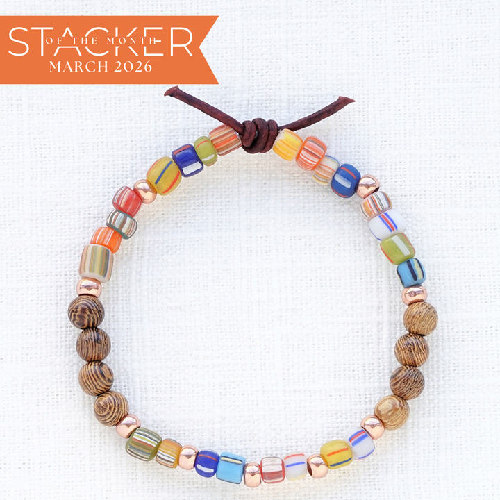 Striped Java Gooseberry Glass Beads & Sennawood Mini Stacker | March 2026 Stacker of the Month