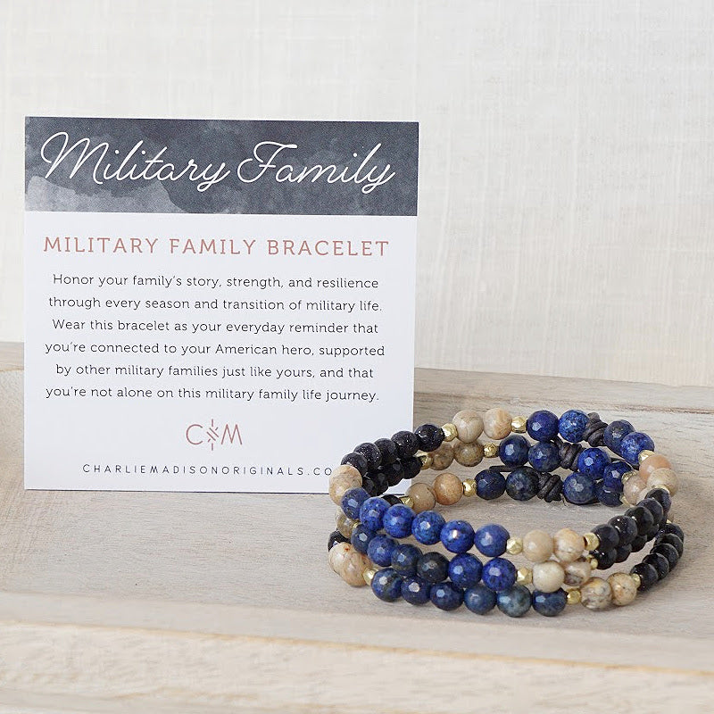 Military Family Blue Mini Bracelet with Meaning Card - Honor your family’s story, strength, and resilience through every season and transition of military life. Wear this bracelet as your everyday reminder that you’re connected to your American hero, supported by other military families just like yours, and that you’re not alone on this military family life journey.