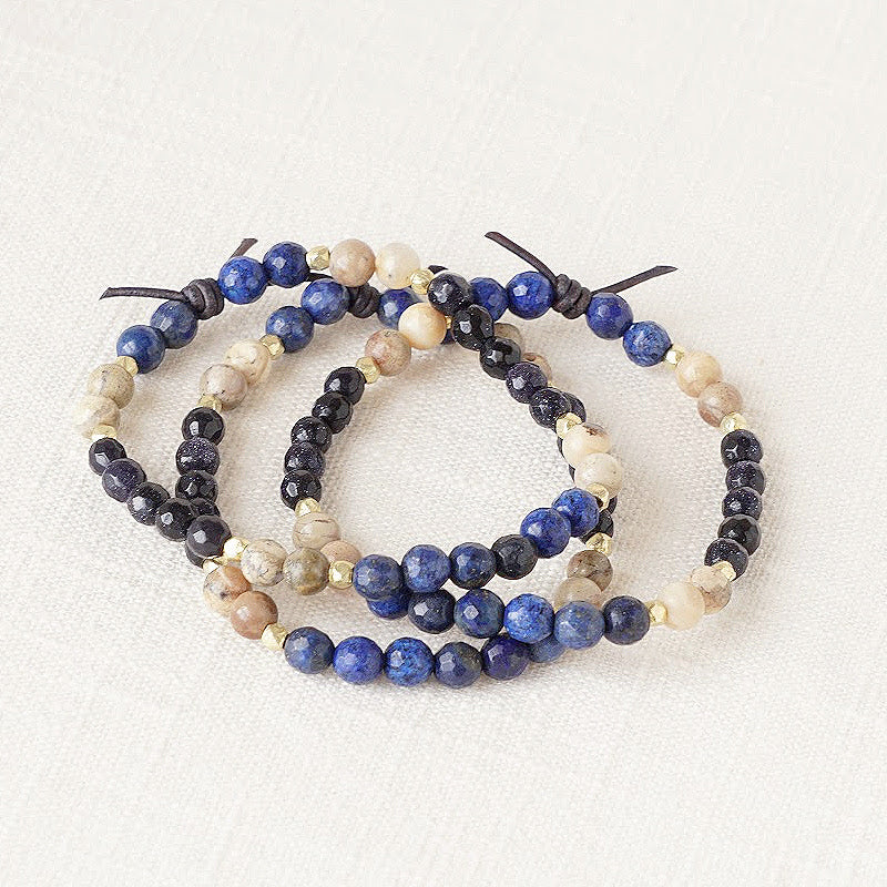Military Family Mini Bracelet Stack of Three, 6mm Gemstones, Blue Sandstone, Lapis Blue Jade, African Opal, Gold Accents, Leather Knot