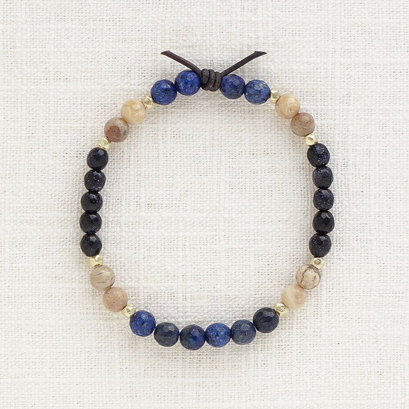 Military Family Mini Bracelet, 6mm Gemstones, Blue Sandstone, Lapis Blue Jade, African Opal, Gold Accents, Leather Knot