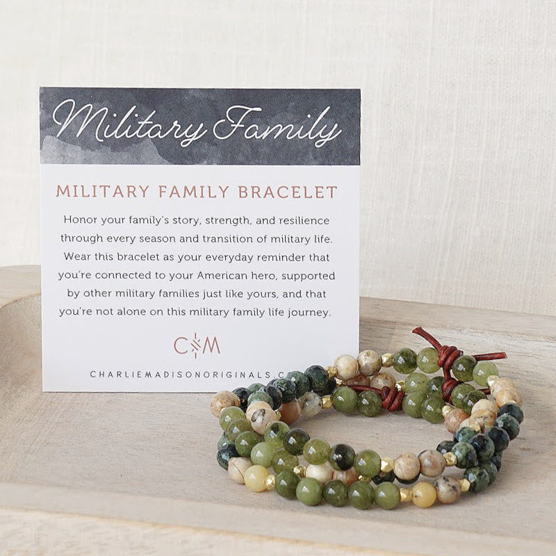 Military Family Mini Bracelet in Green with Meaning Card - Honor your family’s story, strength, and resilience through every season and transition of military life. Wear this bracelet as your everyday reminder that you’re connected to your American hero, supported by other military families just like yours, and that you’re not alone on this military family life journey.