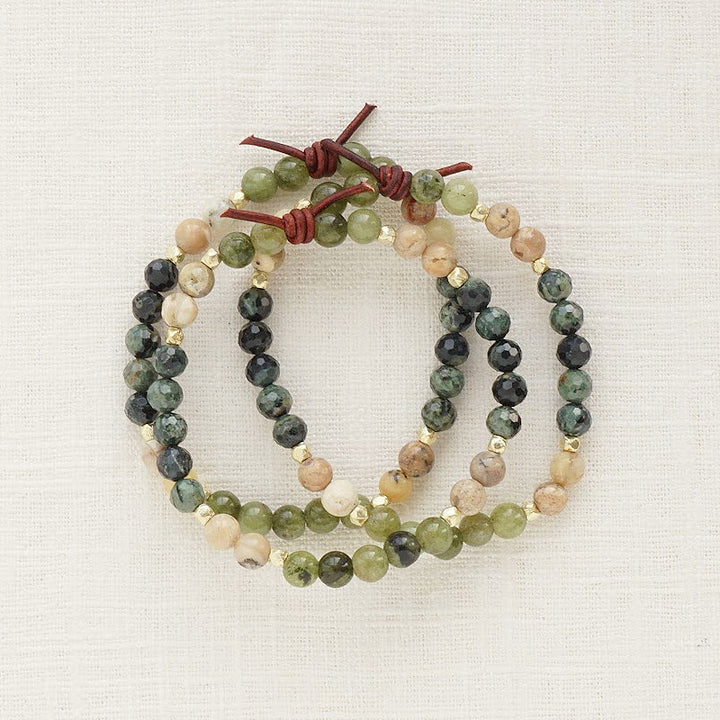 Military Family Mini Bracelet in Green Stack of Three, 6mm Gemstones, Kambaba Jasper, Military Green Jade, African Opal, Gold Accents, Leather Knot