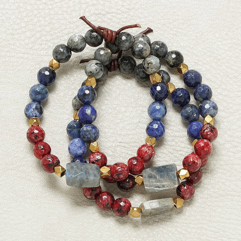 Military Grandma Bracelet Stack of Three, 8mm Gemstones, Sodalite, Larvikite, Spotted Red Jade, and Labradorite, Gold Accents, Leather Knot