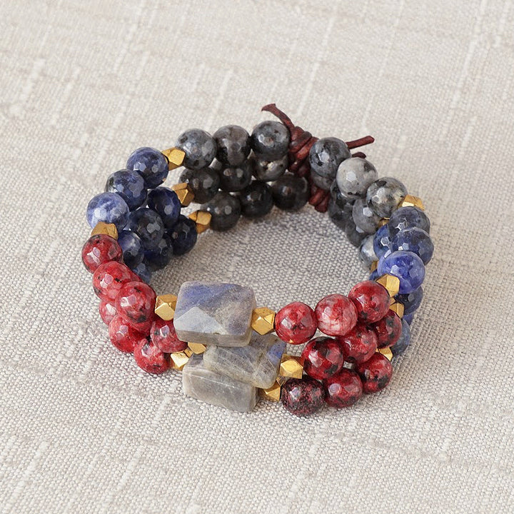 Military Grandma Bracelet Stack of Three, 8mm Gemstones, Sodalite, Larvikite, Spotted Red Jade, and Labradorite, Gold Accents, Leather Knot