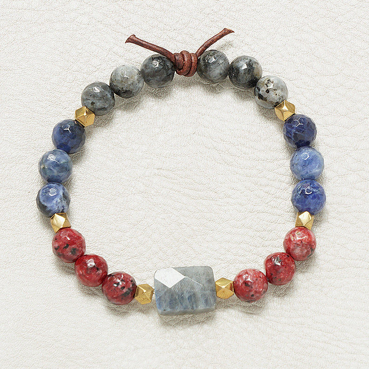 Military Grandma Bracelet, 8mm Gemstones, Sodalite, Larvikite, Spotted Red Jade, and Labradorite, Gold Accents, Leather Knot