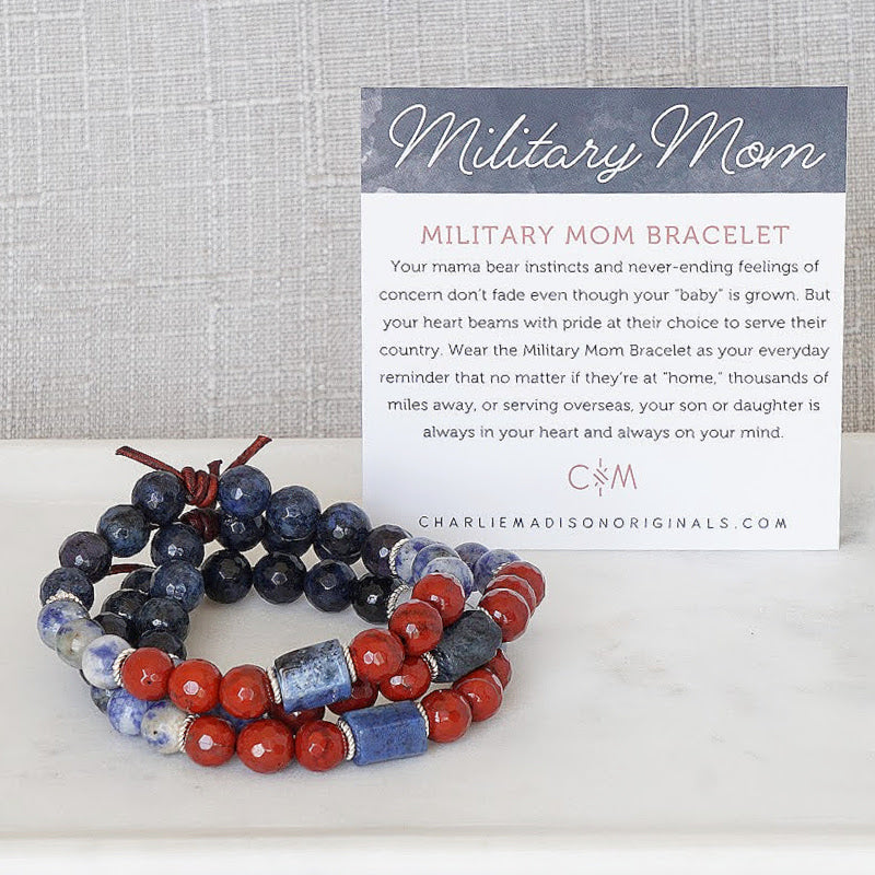 Military Mom Bracelet with Meaning Card - Your mama bear instincts and never-ending feelings of concern don’t fade even though your “baby” is grown. But your heart beams with pride at their choice to serve their country. Wear the Military Mom Bracelet as your everyday reminder that no matter if they’re at “home,” thousands of miles away, or serving overseas, your son or daughter is always in your heart and always on your mind.