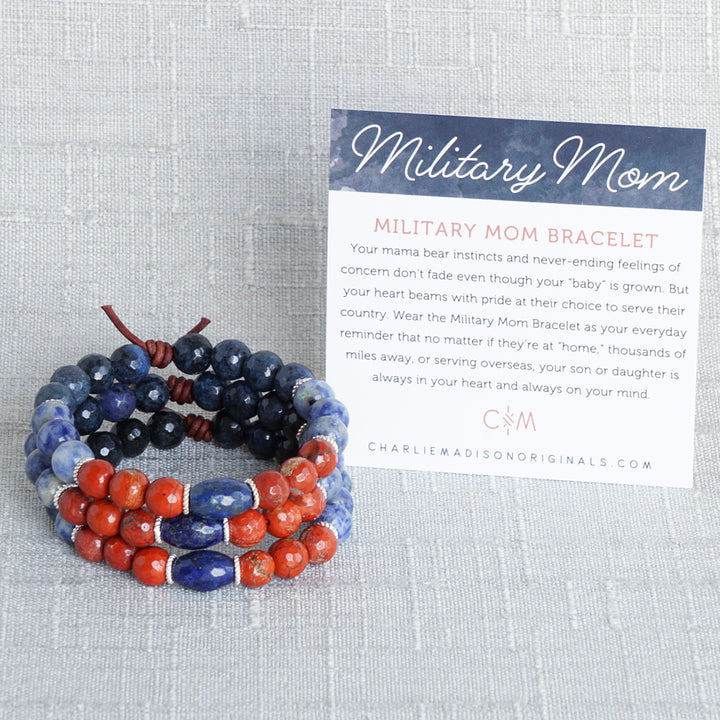 Military Mom Bracelet with Meaning Card - Your mama bear instincts and never-ending feelings of concern don’t fade even though your “baby” is grown. But your heart beams with pride at their choice to serve their country. Wear the Military Mom Bracelet as your everyday reminder that no matter if they’re at “home,” thousands of miles away, or serving overseas, your son or daughter is always in your heart and always on your mind.