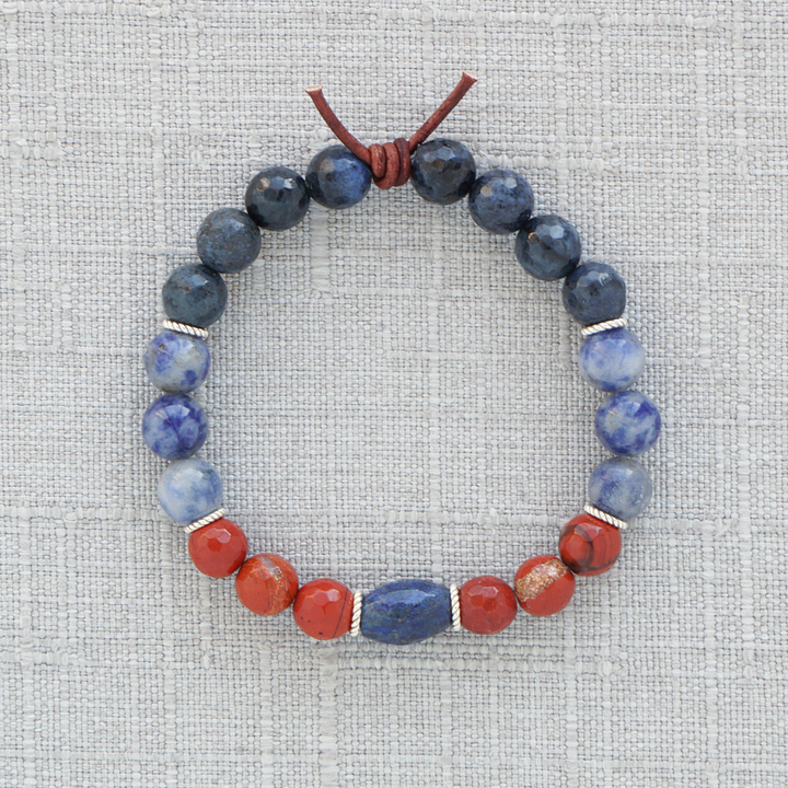 Military Mom Bracelet, 8mm Gemstones, Dumortierite, Blue Spot Jasper, Red Jasper, Lapis Lazuli, Silver Accents, Leather Knot