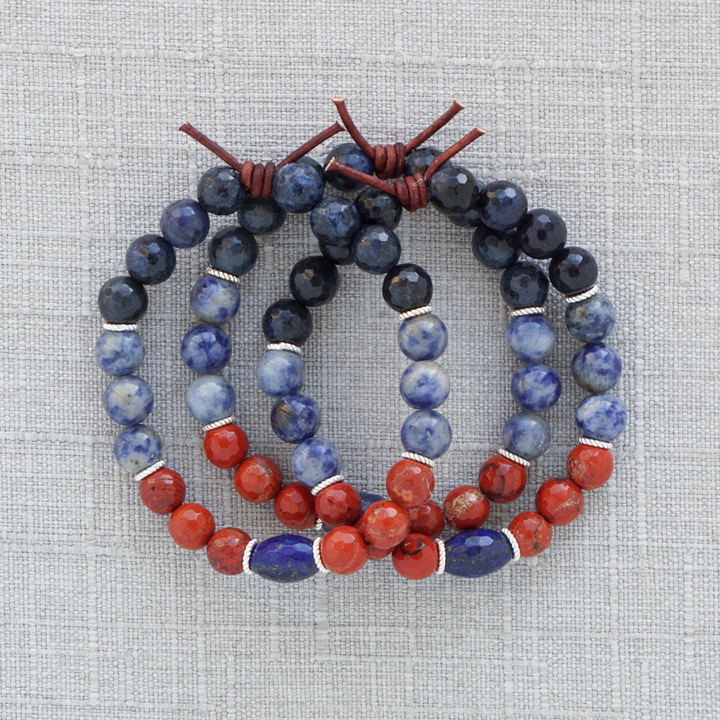 Military Mom Bracelet Stack of 3, 8mm Gemstones, Dumortierite, Blue Spot Jasper, Red Jasper, Lapis Lazuli, Silver Accents, Leather Knot