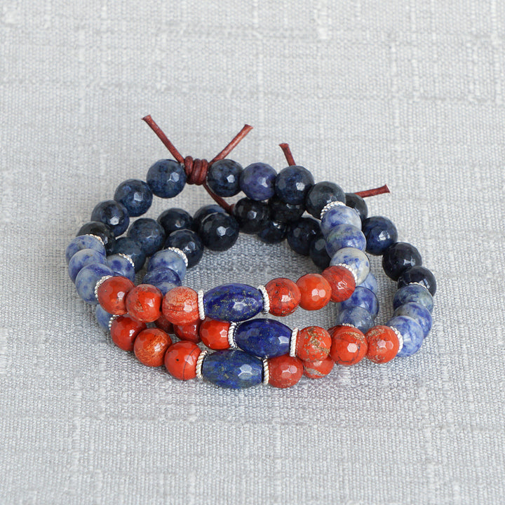 Military Mom Bracelet Stack of 3, 8mm Gemstones, Dumortierite, Blue Spot Jasper, Red Jasper, Lapis Lazuli, Silver Accents, Leather Knot