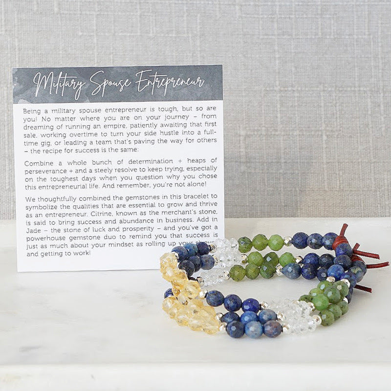 Military Entrepreneurship Mini Bracelet Stack of Three with Meaning Card - Hold tight to the belief that you don't grow when you're comfortable - you grow doing things that push you out of your comfort zone. Wear this bracelet as your everyday reminder that you're part of an unwavering community that will cheer you on during every step of your business journey. Because running a business is always better when you have friends who believe in you!