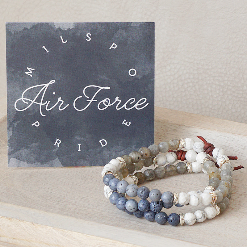 Milspo Pride Air Force Mini Bracelet with Meaning Card - Designed by Charliemadison Originals’ founder, also a military spouse, this bracelet is a tribute to the Milspo way of life – despite the uncertainty and sacrifice that military life brings, Milspos face each new challenge with grace and bravery.