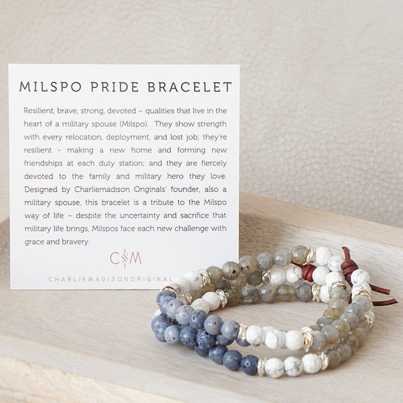 Milspo Pride Air Force Mini Bracelet with Meaning Card - Designed by Charliemadison Originals’ founder, also a military spouse, this bracelet is a tribute to the Milspo way of life – despite the uncertainty and sacrifice that military life brings, Milspos face each new challenge with grace and bravery.