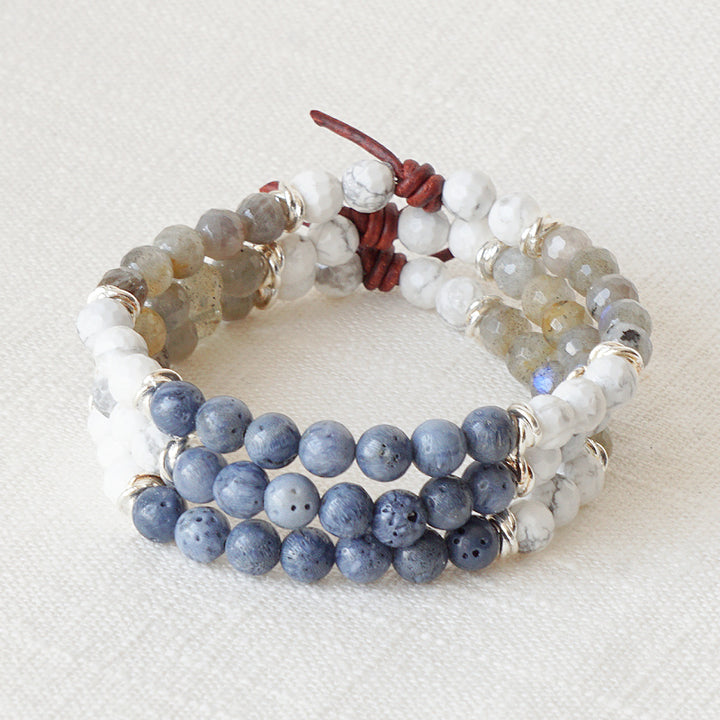 Milspo Pride Air Force Mini Bracelet, 6mm Gemstones, Blue Sponge Coral, Labradorite, Howlite, Silver Accents, Leather Knot