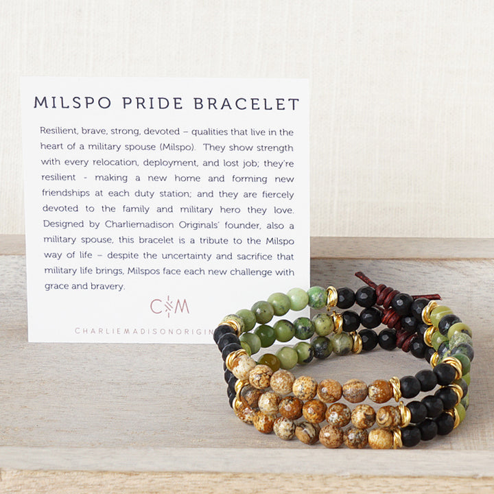 Milspo Pride Army Mini Bracelet with Meaning Card - Designed by Charliemadison Originals’ founder, also a military spouse, this bracelet is a tribute to the Milspo way of life – despite the uncertainty and sacrifice that military life brings, Milspos face each new challenge with grace and bravery.