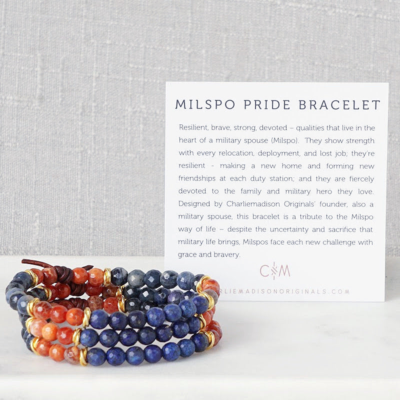 Milspo Pride Marines Mini Bracelet with Meaning Card - Designed by Charliemadison Originals’ founder, also a military spouse, this bracelet is a tribute to the Milspo way of life – despite the uncertainty and sacrifice that military life brings, Milspos face each new challenge with grace and bravery.