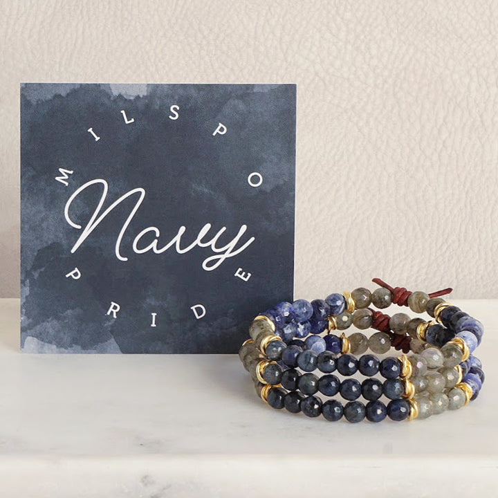 Milspo Pride Navy Mini Bracelet with Meaning Card - Designed by Charliemadison Originals’ founder, also a military spouse, this bracelet is a tribute to the Milspo way of life – despite the uncertainty and sacrifice that military life brings, Milspos face each new challenge with grace and bravery.