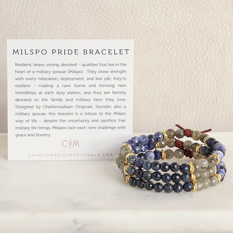 Milspo Pride Navy Mini Bracelet with Meaning Card - Designed by Charliemadison Originals’ founder, also a military spouse, this bracelet is a tribute to the Milspo way of life – despite the uncertainty and sacrifice that military life brings, Milspos face each new challenge with grace and bravery.