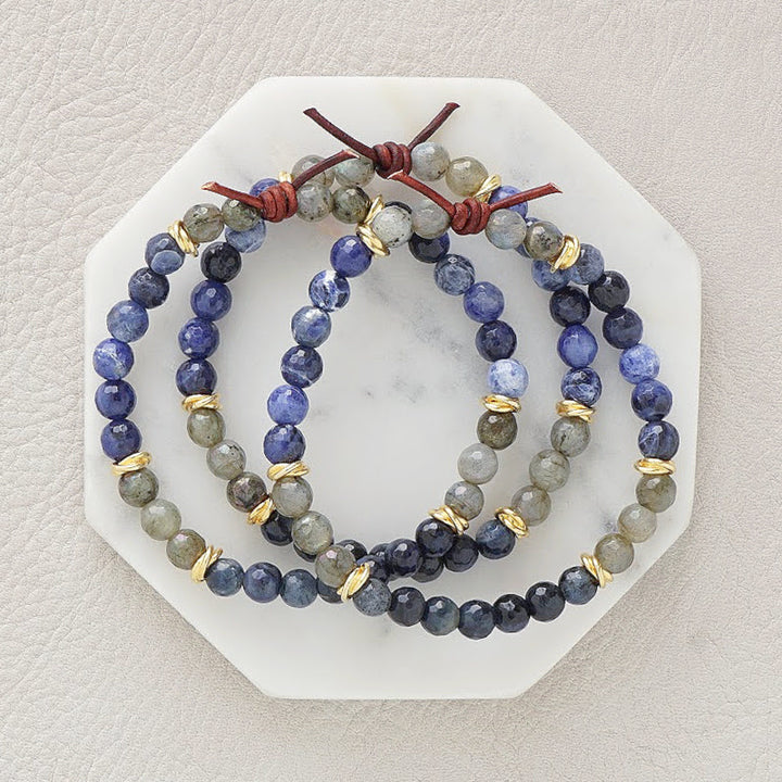 Milspo Pride Navy Mini Bracelet Set of Three, 6mm Gemstones, Dumortierite, Labradorite, Sodalite, Gold Accents, Leather Knot
