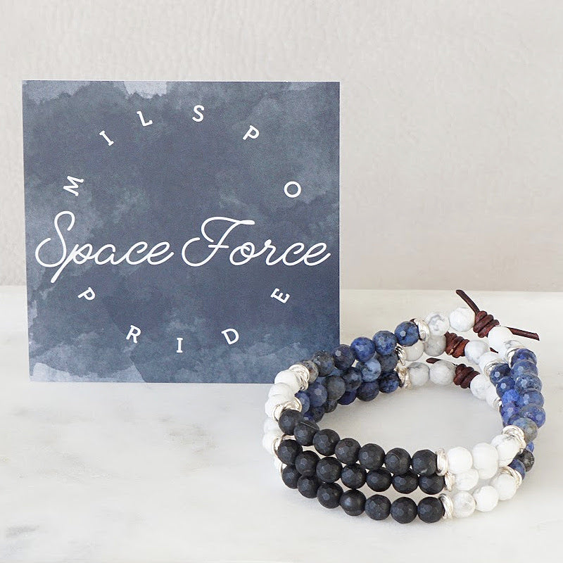 Milspo Pride Space Force Mini Bracelet with Meaning Card - Designed by Charliemadison Originals’ founder, also a military spouse, this bracelet is a tribute to the Milspo way of life – despite the uncertainty and sacrifice that military life brings, Milspos face each new challenge with grace and bravery.
