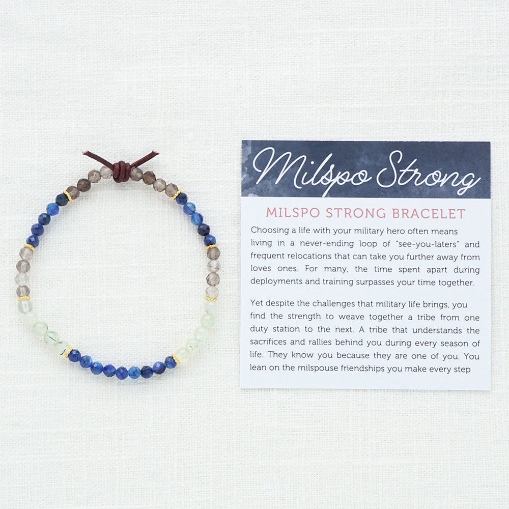 Milspo Strong Bracelet with Meaning Card - Wear this bracelet as your everyday reminder that you are not alone on this journey. The common threads that weave through your life stories give you the courage to face the next chapter of your military family journey. Your milspouse tribe stands with you, helping you to dig deep and embrace change – they are your source of strength. You’re not just strong – you’re Milspo Strong!