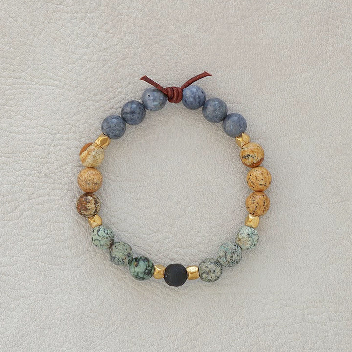 Never Forgotten Bracelet, 8mm Gemstones, African Turquoise, Picture Jasper, Blue Coral, Black Onyx, Gold Accents, Leather Knot
