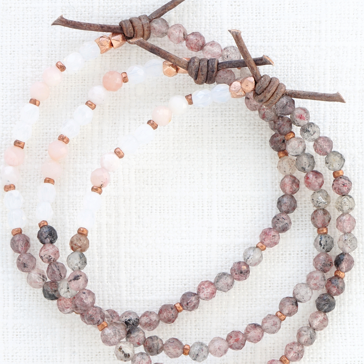 Super Seven Cacoxenite Quartz, Pink Opal, and Czech Glass Tiny Stacker | October Stacker of the Month