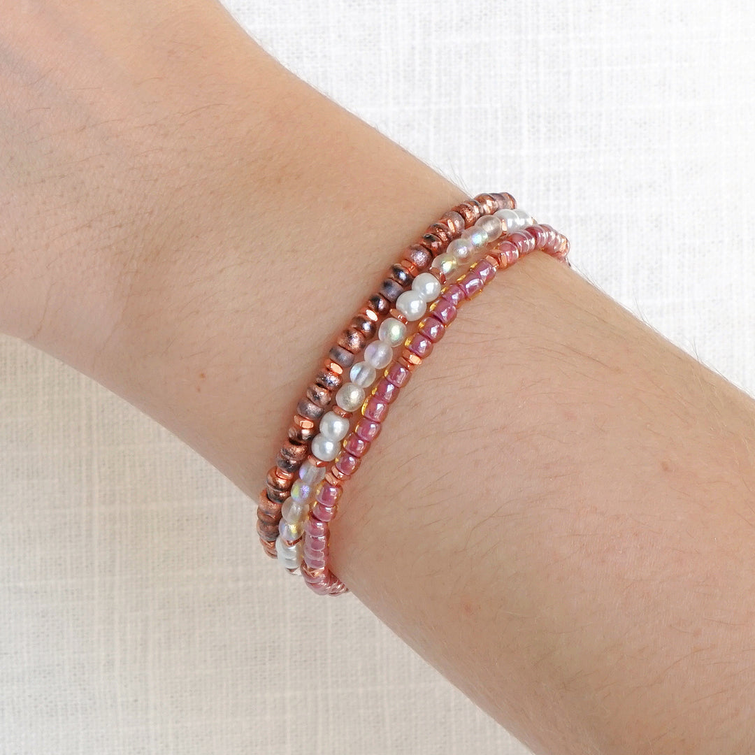 Holiday Cheer Bracelet Set - Mauve, Rose Gold, & Pearl | Set of 3 Bracelets