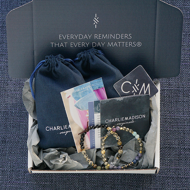 Product Packaging, Meaning Cards, Blue Linen Bags, Everyday Reminders That Every Day Matters, Charliemadison Originals Branding, 5% of every sale is donated to organizations that support military service members and their families.