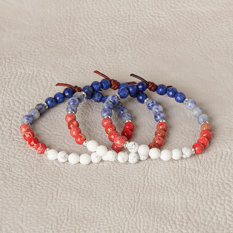 Sons of the Flag Mini Bracelet Stack of Three, Collaboration with Sons of the Flag, 6mm Gemstones, Howlite, Blue Spot Jasper, Impression Jasper, Lapis Lazuli, Silver Accents, Leather Knot