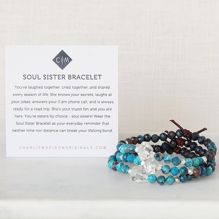 Soul Sister Mini Bracelet with Meaning Card - You’ve laughed together, cried together, and shared every season of life. She knows your secrets, laughs at your jokes, answers your 2 am phone call, and is always ready for a road trip. She’s your truest fan and you are hers. You’re sisters by choice - soul sisters! Wear the Soul Sister Bracelet as your everyday reminder that neither time nor distance can break your lifelong bond.