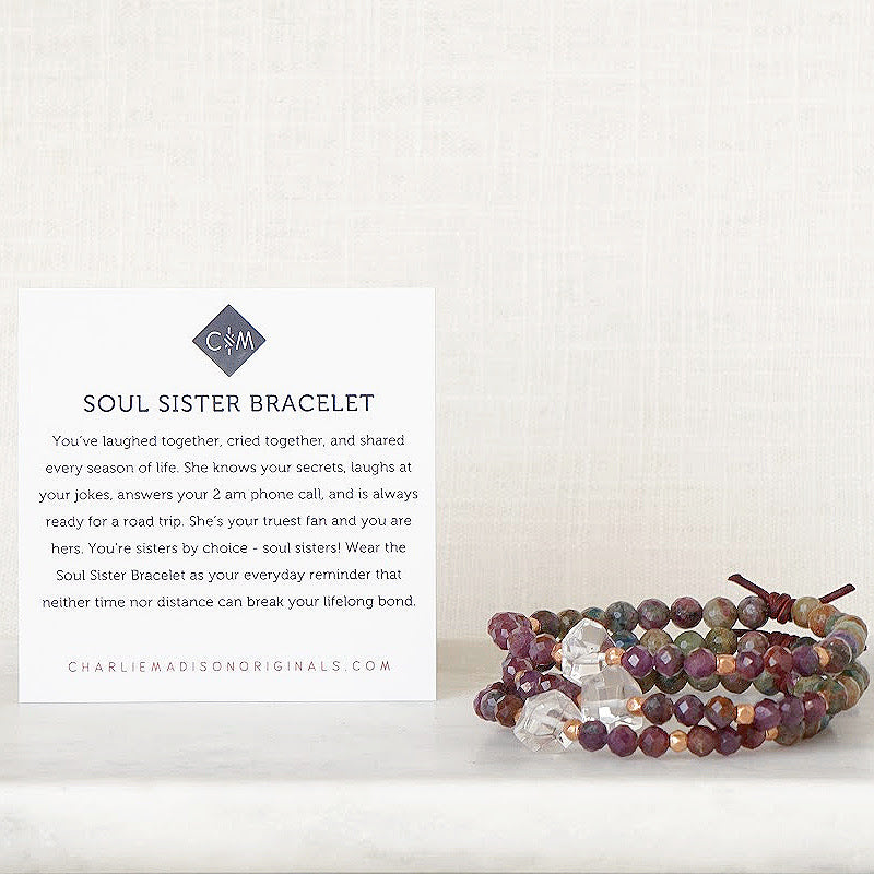 Soul Sister Ruby Mini Bracelet with Meaning Card - You’ve laughed together, cried together, and shared every season of life. She knows your secrets, laughs at your jokes, answers your 2 am phone call, and is always ready for a road trip. She’s your truest fan and you are hers. You’re sisters by choice - soul sisters! Wear the Soul Sister Bracelet as your everyday reminder that neither time nor distance can break your lifelong bond.