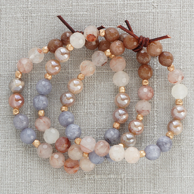 Thank You Bracelet Blush Stack of Three, 8mm Gemstones, Natural Quartz, Mystic Gray Moonstone, Gray Jade, Chocolate Jade, Rose Gold Accents, Leather Knot
