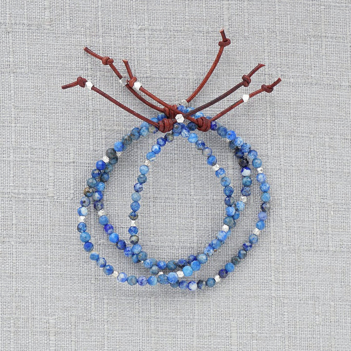 Tiny Mantras Bracelet  with Lapis Lazuli gemstones and leather knot