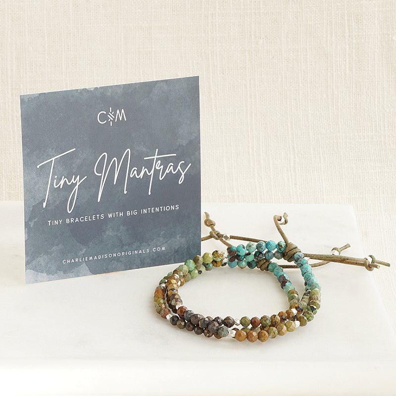 Tiny Mantras Bracelet – Dragon Skin Turquoise with Meaning Card - A tiny bracelet with big intentions! Made with multi-colored Dragon Skin Turquoise gemstones, this dainty everyday stacking bracelet will help you keep your favorite mantra top of mind as you move through your day.