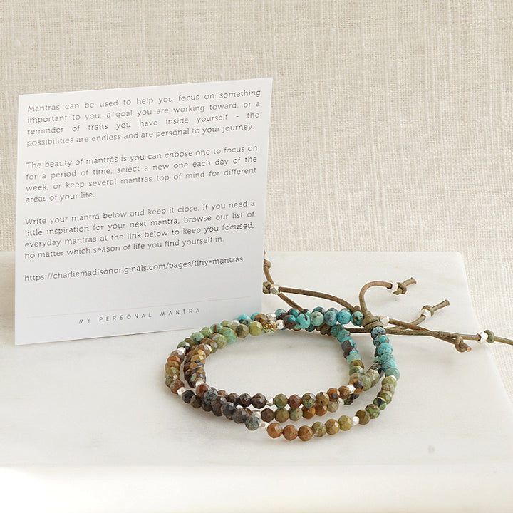 Tiny Mantras Bracelet – Dragon Skin Turquoise with Meaning Card - A tiny bracelet with big intentions! Made with multi-colored Dragon Skin Turquoise gemstones, this dainty everyday stacking bracelet will help you keep your favorite mantra top of mind as you move through your day.