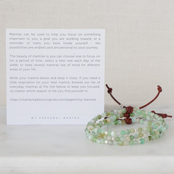Tiny Mantras Bracelet; Chrysoprase gemstones