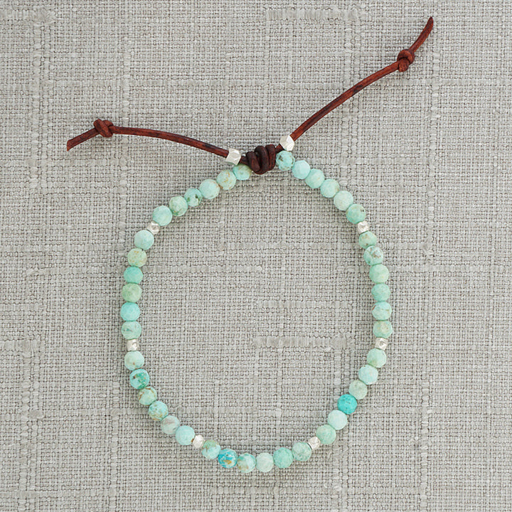 Tiny Mantras Bracelet – Peru Turquoise, 4mm Gemstones, Peru Turquoise, Silver Accents, Leather Knot
