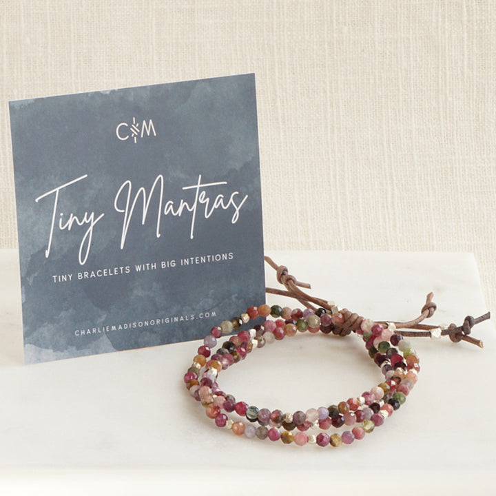 Tiny Mantras Bracelet – Pink Tourmaline with Meaning Card - A tiny bracelet with big intentions! Made with faceted multi-colored Pink Tourmaline gemstones, this dainty everyday stacking bracelet will help you keep your favorite mantra top of mind as you move through your day. 