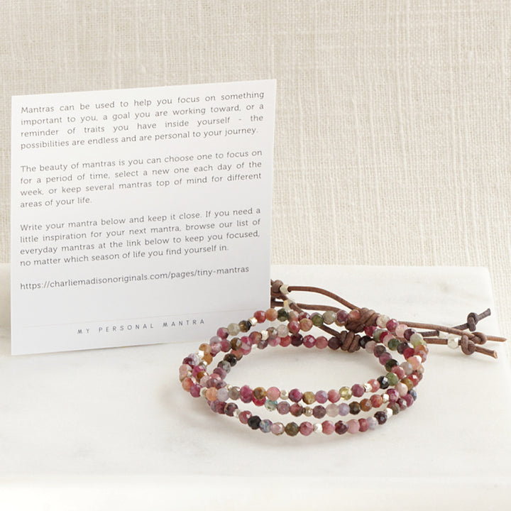 Tiny Mantras Bracelet – Pink Tourmaline with Meaning Card - A tiny bracelet with big intentions! Made with faceted multi-colored Pink Tourmaline gemstones, this dainty everyday stacking bracelet will help you keep your favorite mantra top of mind as you move through your day. 