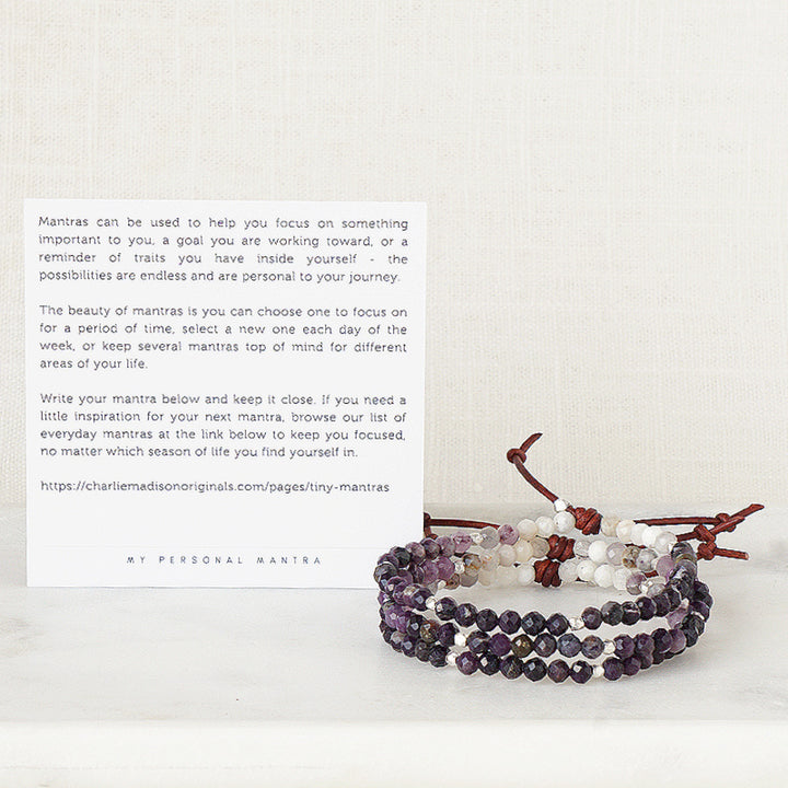Tiny Mantras Bracelet – Purple Opal with Meaning Card - A tiny bracelet with big intentions! Made with faceted Purple Opal gemstones - ranging from white to deep purple, this dainty everyday stacking bracelet will help you keep your favorite mantra top of mind as you move through your day.