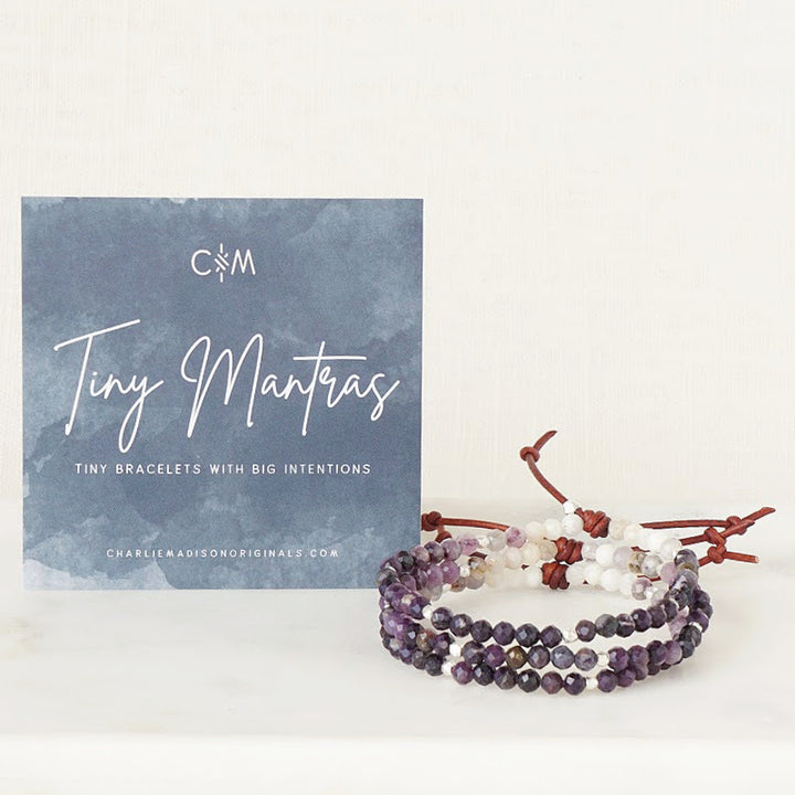 Tiny Mantras Bracelet – Purple Opal with Meaning Card - A tiny bracelet with big intentions! Made with faceted Purple Opal gemstones - ranging from white to deep purple, this dainty everyday stacking bracelet will help you keep your favorite mantra top of mind as you move through your day.