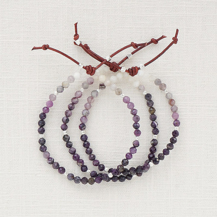 Tiny Mantras Bracelet Purple Opal Stack of Three, 4mm Gemstones, Purple Opal, Silver Accents, Leather Knot