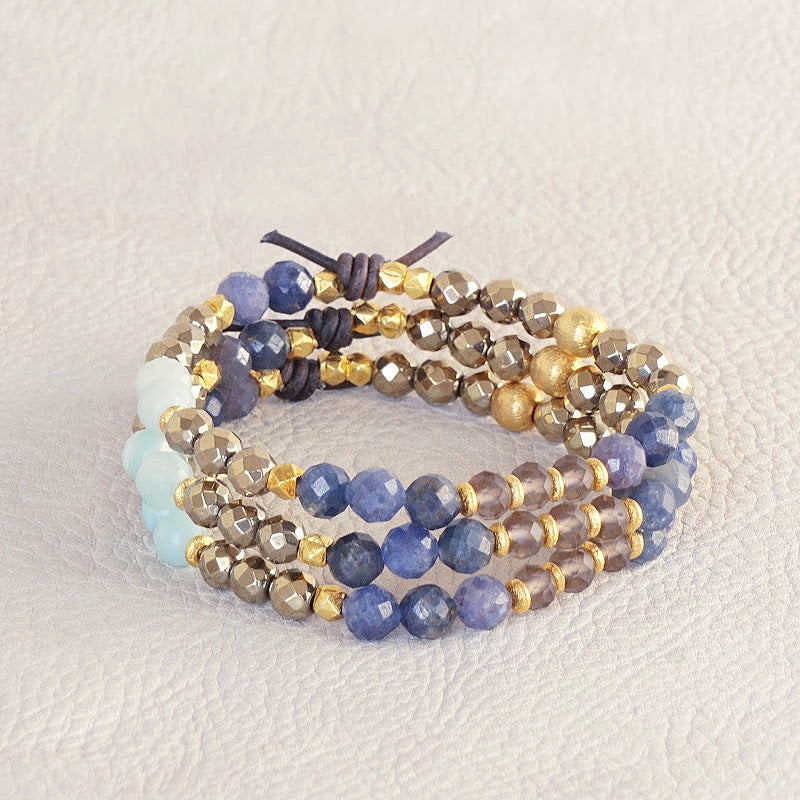 Trailblazer Mini Bracelet Stack of Three, 6mm Gemstones, Pyrite, Amazonite, Sapphire, Smoky Quartz, Gold Accents, Blue Leather Knot 