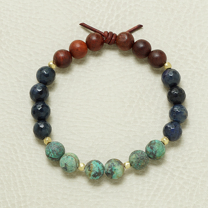 Trust Your Journey Green Bracelet, 8mm Gemstones, African Turquoise, Dumortierite, Dark Wood,  Gold Accents, Leather Knot