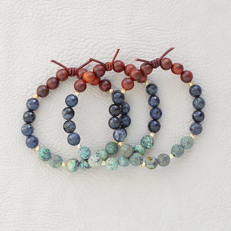 Trust Your Journey Green Set of 3 Bracelets, 8mm Gemstones, African Turquoise, Dumortierite, Dark Wood,  Gold Accents, Leather Knot